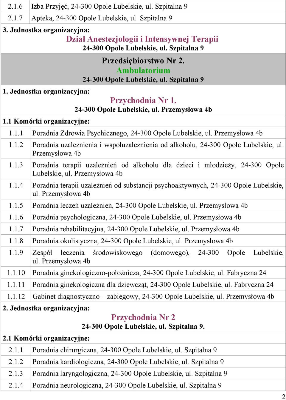 Przemysłowa 4b 1.1.5 Poradnia leczeń uzależnień, 1.1.6 Poradnia psychologiczna, 1.1.7 Poradnia rehabilitacyjna, 1.1.8 Poradnia okulistyczna, 1.1.9 Zespół leczenia środowiskowego (domowego), 24-300 Opole Lubelskie, ul.