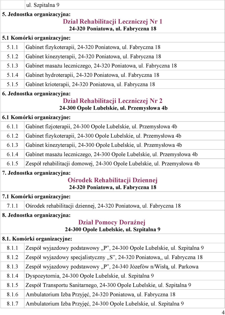 1.4 Gabinet masażu leczniczego, 6.1.5 Zespół rehabilitacji domowej, 7. Jednostka organizacyjna: Ośrodek Rehabilitacji Dziennej 7.1 Komórki organizacyjne: 7.1.1 Ośrodek rehabilitacji dziennej, 8.