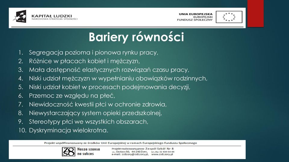 Niski udział kobiet w procesach podejmowania decyzji, 6. Przemoc ze względu na płeć, 7.