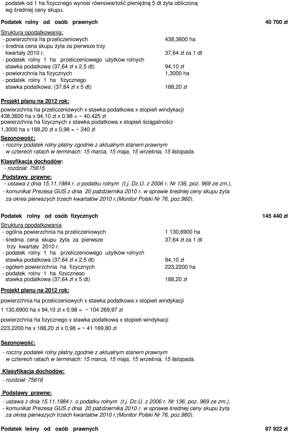 37,64 zł za 1 dt - podatek rolny 1 ha przeliczeniowego użytków rolnych stawka podatkowa (37,64 zł x 2,5 dt) 94,10 zł - powierzchnia ha fizycznych 1,3000 ha - podatek rolny 1 ha fizycznego stawka