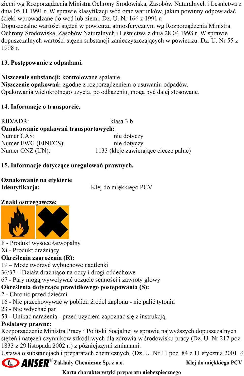 Dopuszczalne wartości stężeń w powietrzu atmosferycznym wg Rozporządzenia Ministra Ochrony Środowiska, Zasobów Naturalnych i Leśnictwa z dnia 28.04.1998 r.