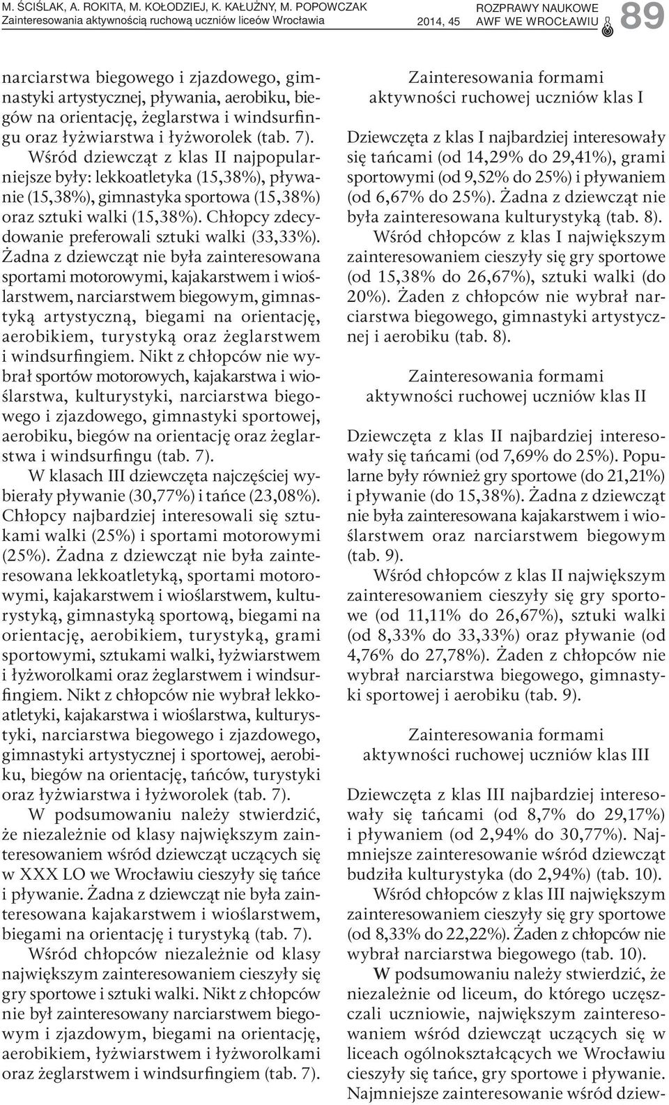 (tab. 7). Wśród dziewcząt z klas II najpopularniejsze były: lekkoatletyka (15,38%), pływanie (15,38%), gimnastyka sportowa (15,38%) oraz sztuki walki (15,38%).