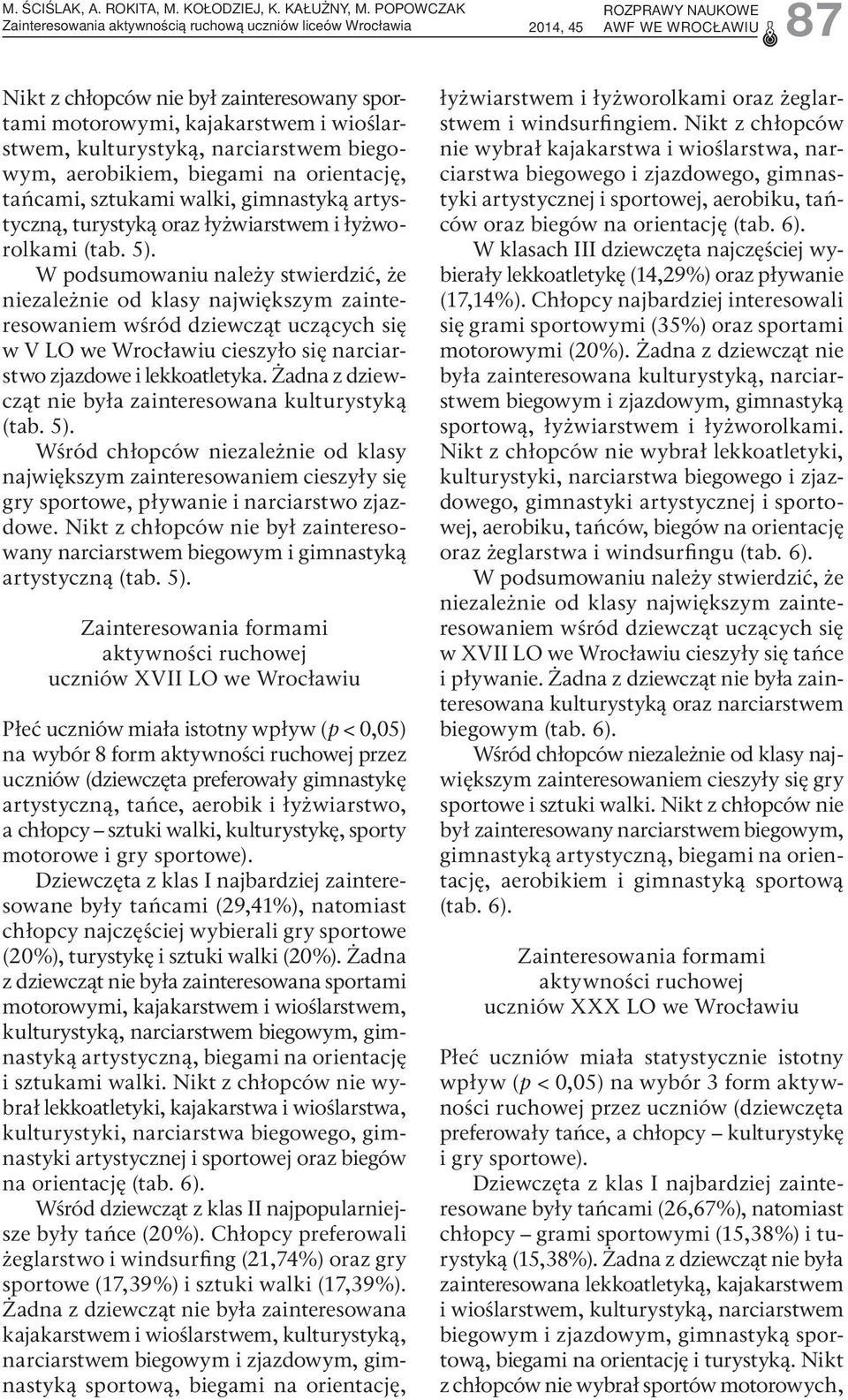 tańcami, sztukami walki, gimnastyką artystyczną, turystyką oraz łyżwiarstwem i łyżworolkami (tab. 5).
