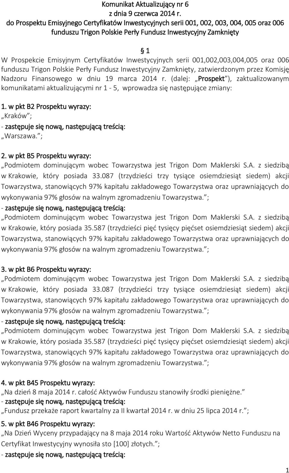 Inwestycyjnych serii 001,002,003,004,005 oraz 006 funduszu Trigon Polskie Perły Fundusz Inwestycyjny Zamknięty, zatwierdzonym przez Komisję Nadzoru Finansowego w dniu 19 marca 2014 r.