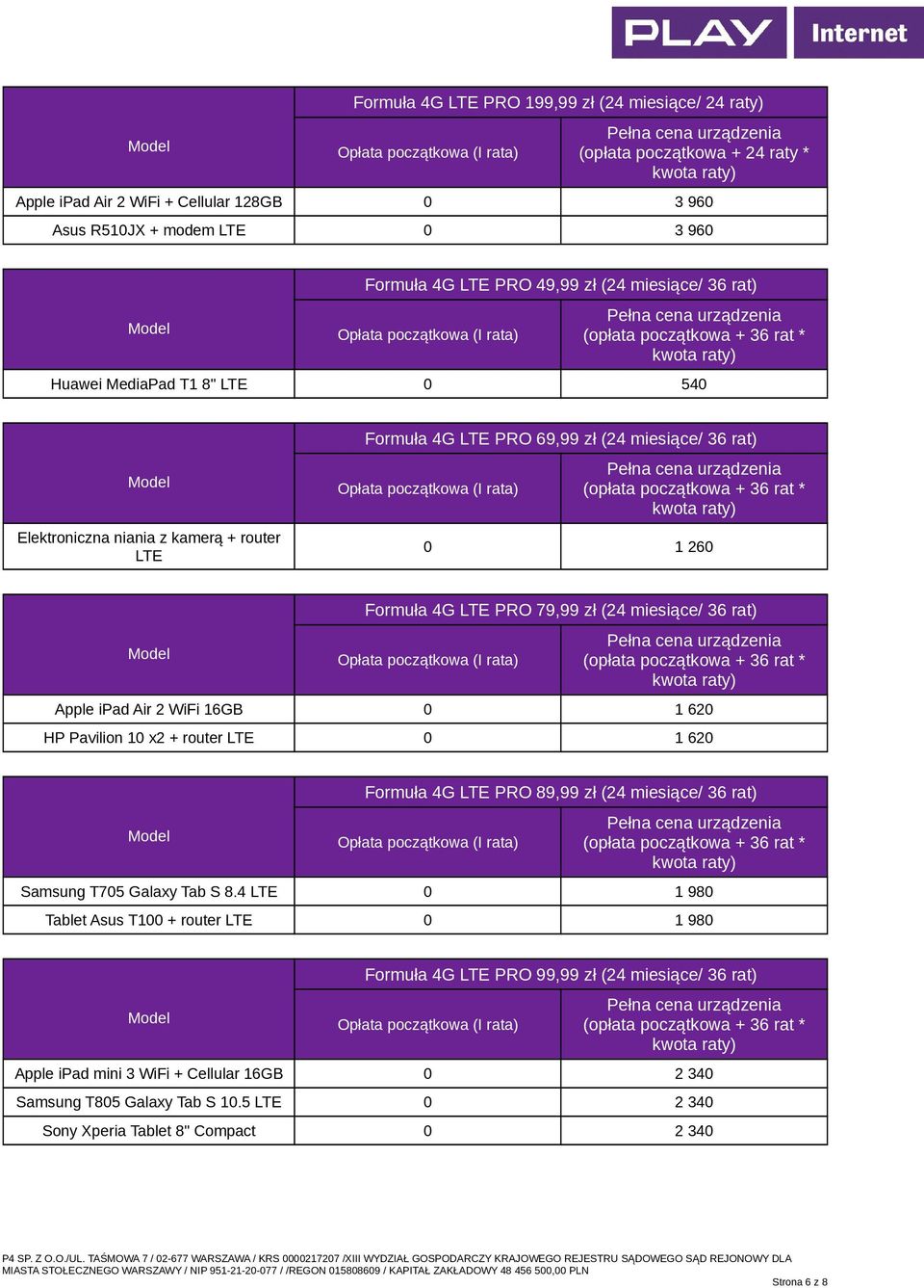 Air 2 WiFi 16GB 0 1 620 HP Pavilion 10 x2 + router LTE 0 1 620 Formuła 4G LTE PRO 89,99 zł (24 miesiące/ 36 rat) Samsung T705 Galaxy Tab S 8.