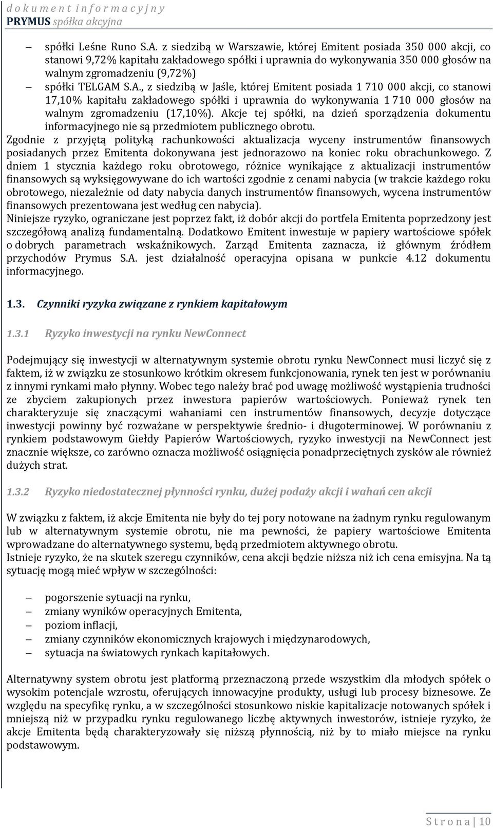 S.A., z siedzibą w Jaśle, której Emitent posiada 1 710 000 akcji, co stanowi 17,10% kapitału zakładowego spółki i uprawnia do wykonywania 1 710 000 głosów na walnym zgromadzeniu (17,10%).