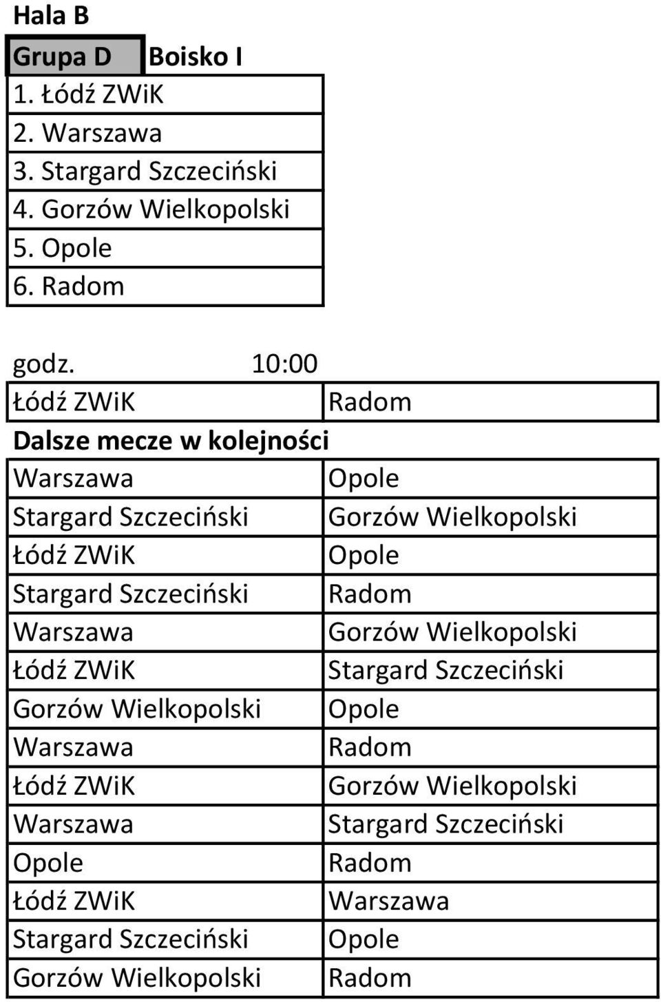 10:00 Radom Opole Stargard Szczeciński Gorzów Wielkopolski Opole Stargard Szczeciński Radom