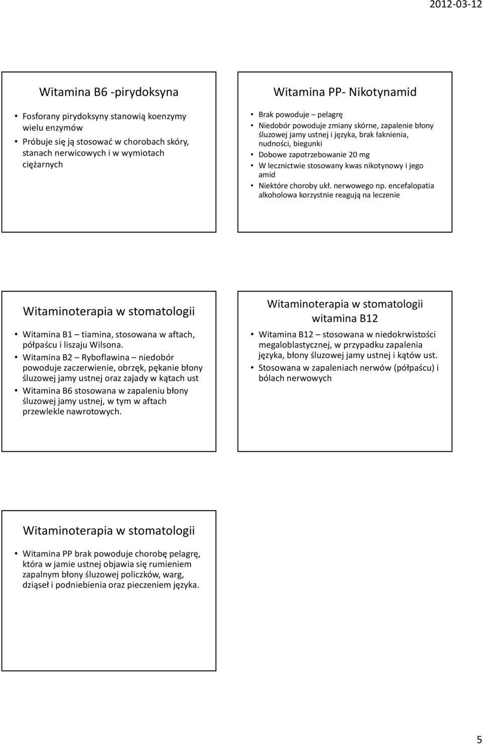 nikotynowy i jego amid Niektóre choroby ukł. nerwowego np. encefalopatia alkoholowa korzystnie reagują na leczenie Witamina B1 tiamina, stosowana w aftach, półpaścu i liszaju Wilsona.