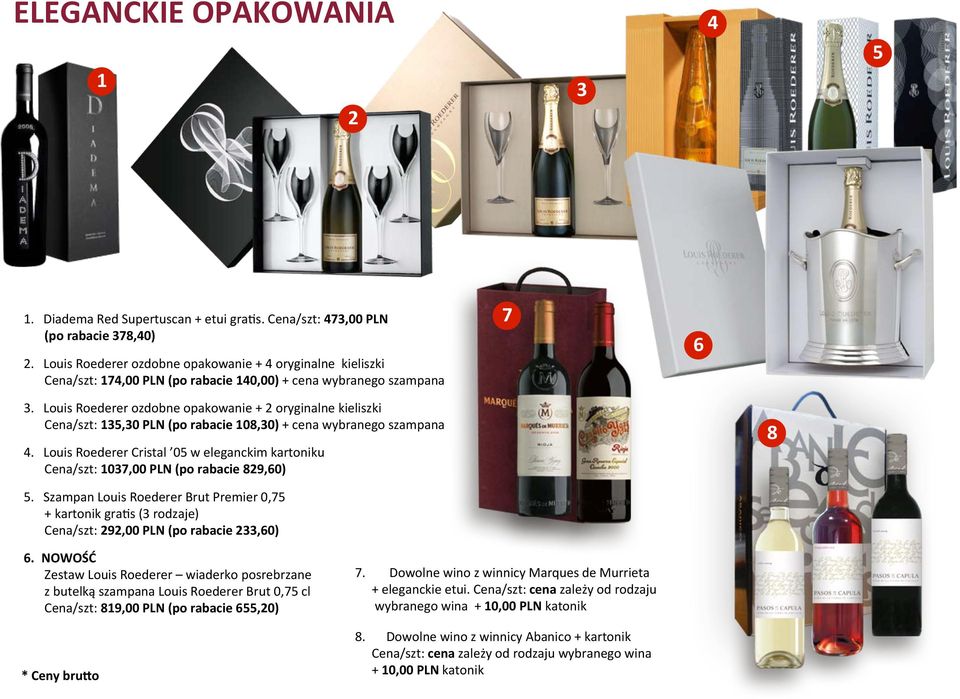 Louis Roederer ozdobne opakowanie + 2 oryginalne kieliszki Cena/szt: 135,30 PLN (po rabacie 108,30) + cena wybranego szampana 4.