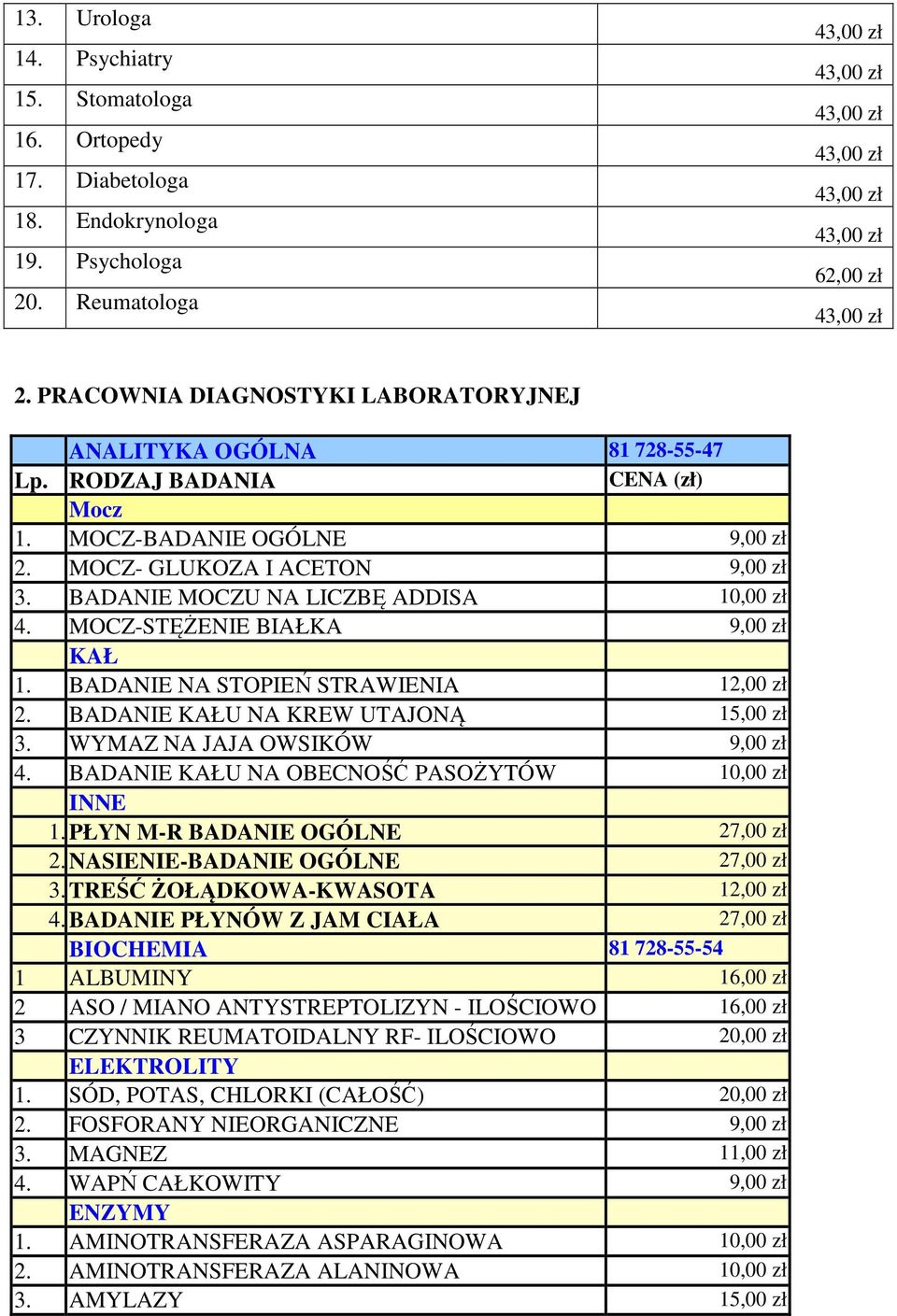 BADANIE MOCZU NA LICZBĘ ADDISA 10,00 zł 4. MOCZ-STĘŻENIE BIAŁKA 9,00 zł KAŁ 1. BADANIE NA STOPIEŃ STRAWIENIA 12,00 zł 2. BADANIE KAŁU NA KREW UTAJONĄ 15,00 zł 3. WYMAZ NA JAJA OWSIKÓW 9,00 zł 4.