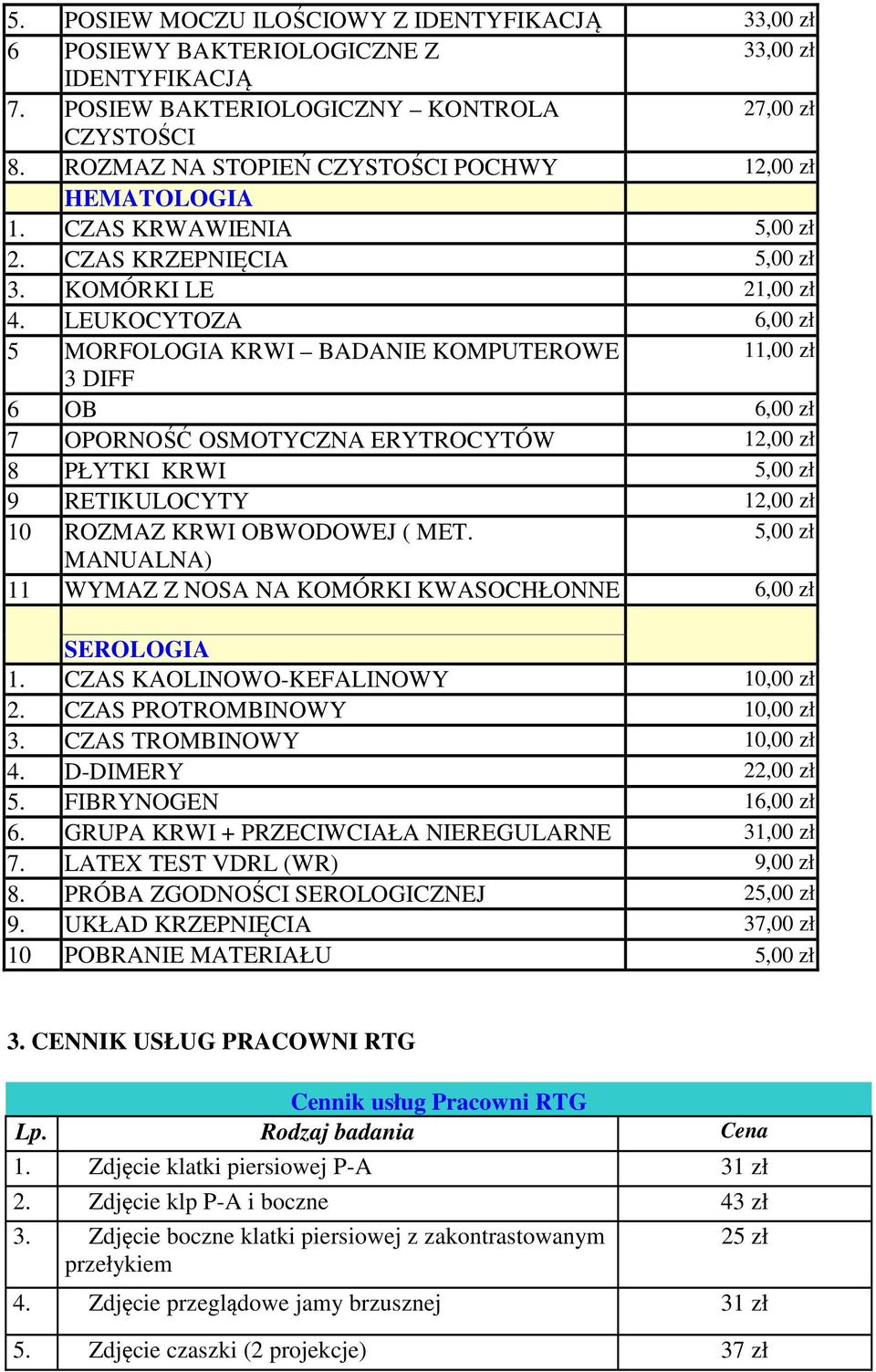 LEUKOCYTOZA 6,00 zł 5 MORFOLOGIA KRWI BADANIE KOMPUTEROWE 11,00 zł 3 DIFF 6 OB 6,00 zł 7 OPORNOŚĆ OSMOTYCZNA ERYTROCYTÓW 12,00 zł 8 PŁYTKI KRWI 5,00 zł 9 RETIKULOCYTY 12,00 zł 10 ROZMAZ KRWI