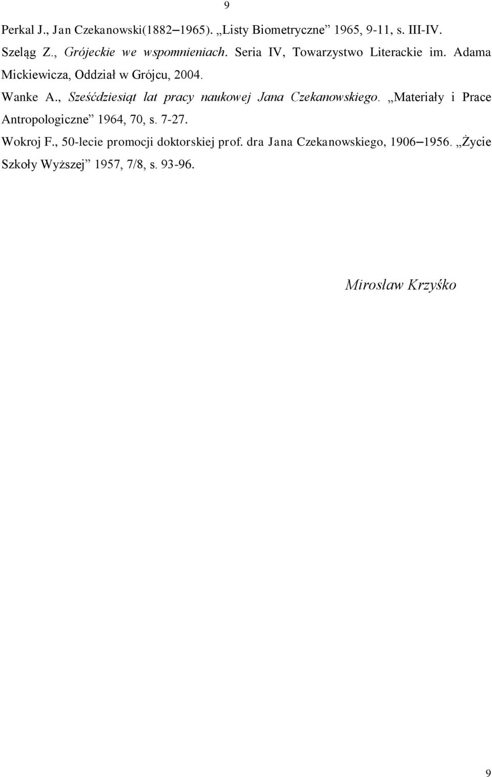Wanke A., Sześćdziesiąt lat pracy naukowej Jana Czekanowskiego. Materiały i Prace Antropologiczne 1964, 70, s. 7-27.