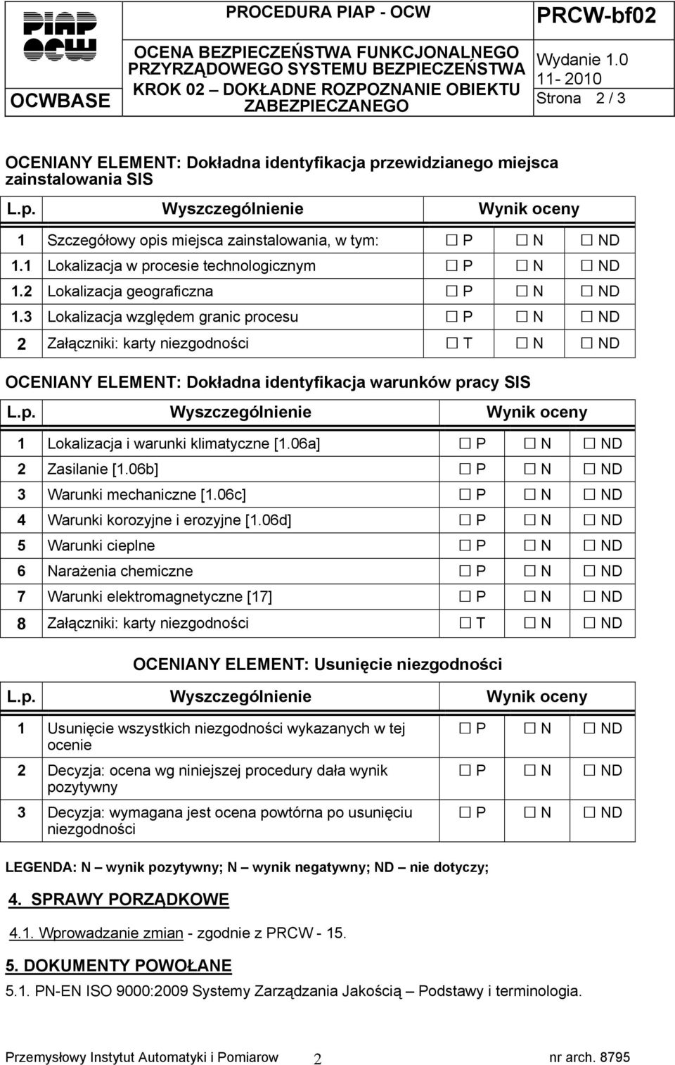 3 Lokalizacja względem granic procesu 2 Załączniki: karty niezgodności T N ND OCENIANY ELEMENT: Dokładna identyfikacja warunków pracy SIS 1 Lokalizacja i warunki klimatyczne [1.06a] 2 Zasilanie [1.