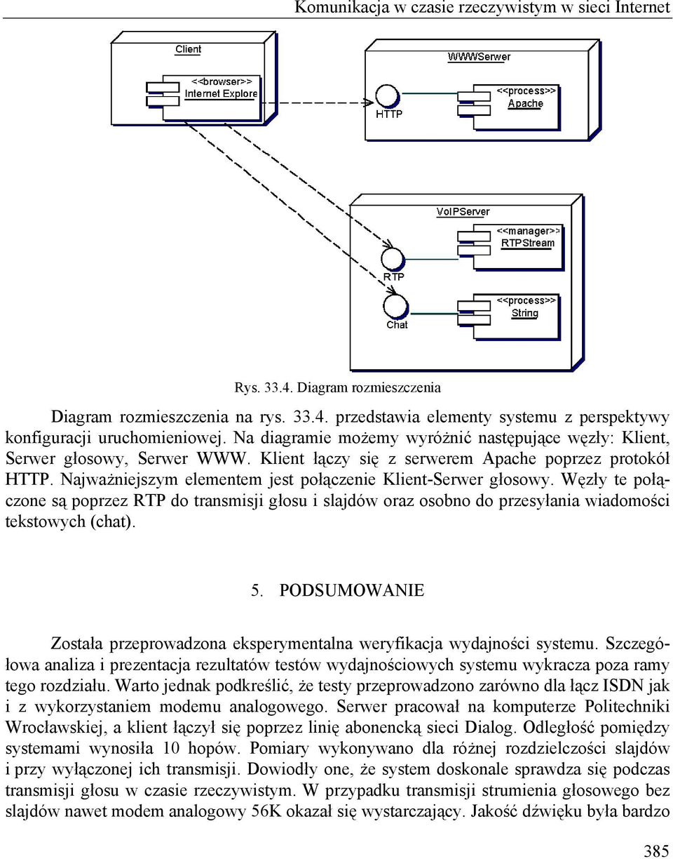 Najważniejszym elementem jest połączenie Klient-Serwer głosowy. Węzły te połączone są poprzez RTP do transmisji głosu i slajdów oraz osobno do przesyłania wiadomości tekstowych (chat). 5.