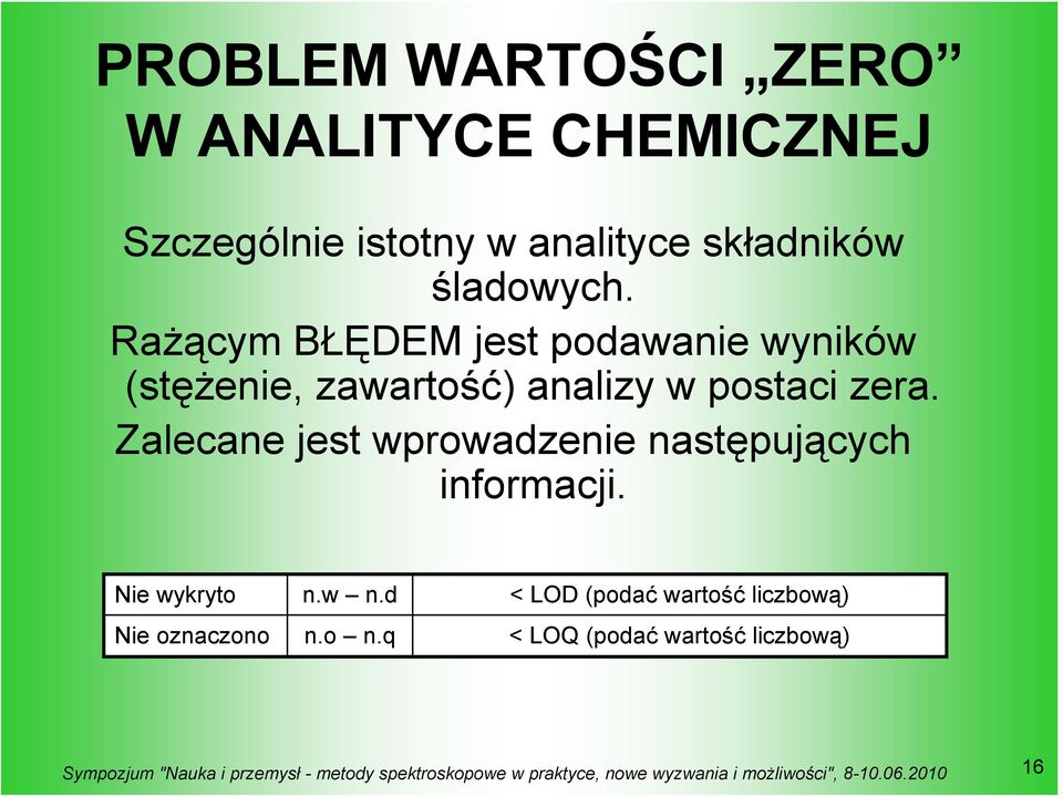 Rażącym BŁĘDEM jest podawanie wyników (stężenie, zawartość) analizy w postaci zera.