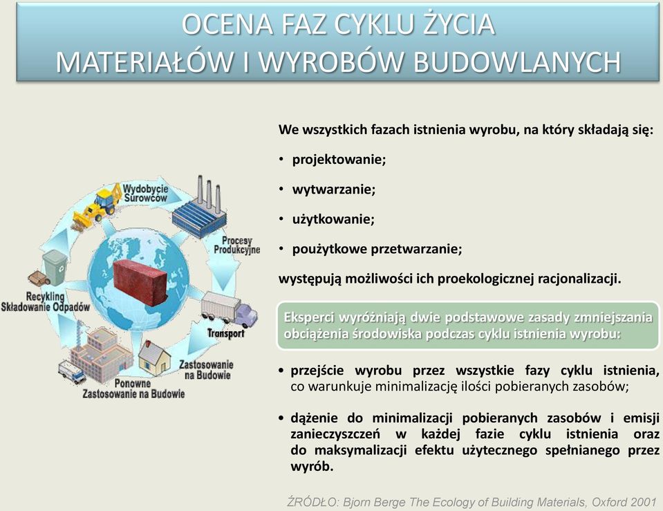 Eksperci wyróżniają dwie podstawowe zasady zmniejszania obciążenia środowiska podczas cyklu istnienia wyrobu: przejście wyrobu przez wszystkie fazy cyklu istnienia, co