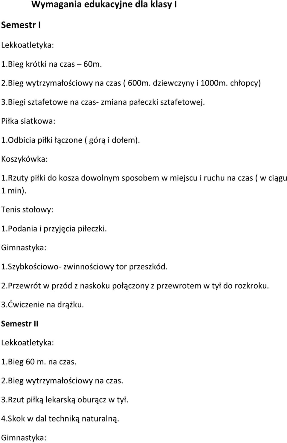 Rzuty piłki do kosza dowolnym sposobem w miejscu i ruchu na czas ( w ciągu 1 min). Tenis stołowy: 1.Podania i przyjęcia piłeczki. 1.Szybkościowo- zwinnościowy tor przeszkód.