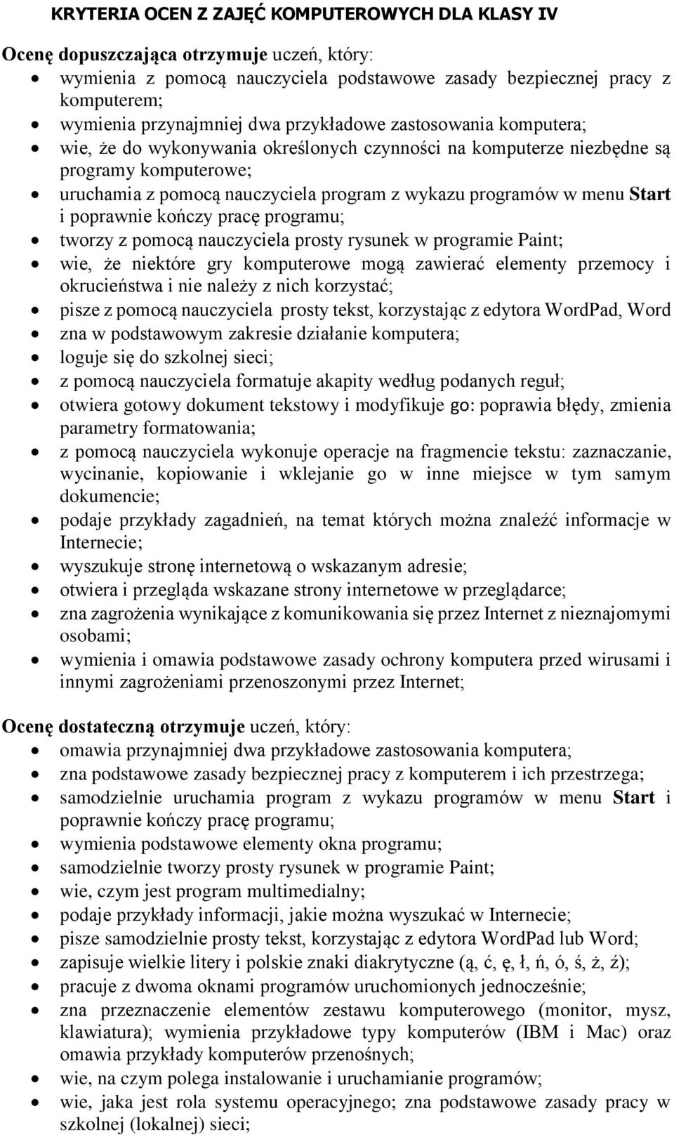 Start i poprawnie kończy pracę programu; tworzy z pomocą nauczyciela prosty rysunek w programie Paint; wie, że niektóre gry komputerowe mogą zawierać elementy przemocy i okrucieństwa i nie należy z