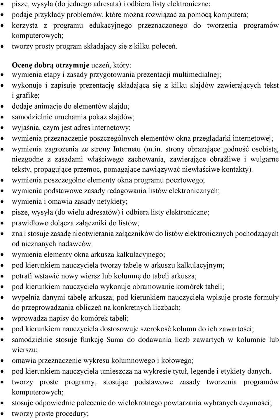 Ocenę dobrą otrzymuje uczeń, który: wymienia etapy i zasady przygotowania prezentacji multimedialnej; wykonuje i zapisuje prezentację składającą się z kilku slajdów zawierających tekst i grafikę;
