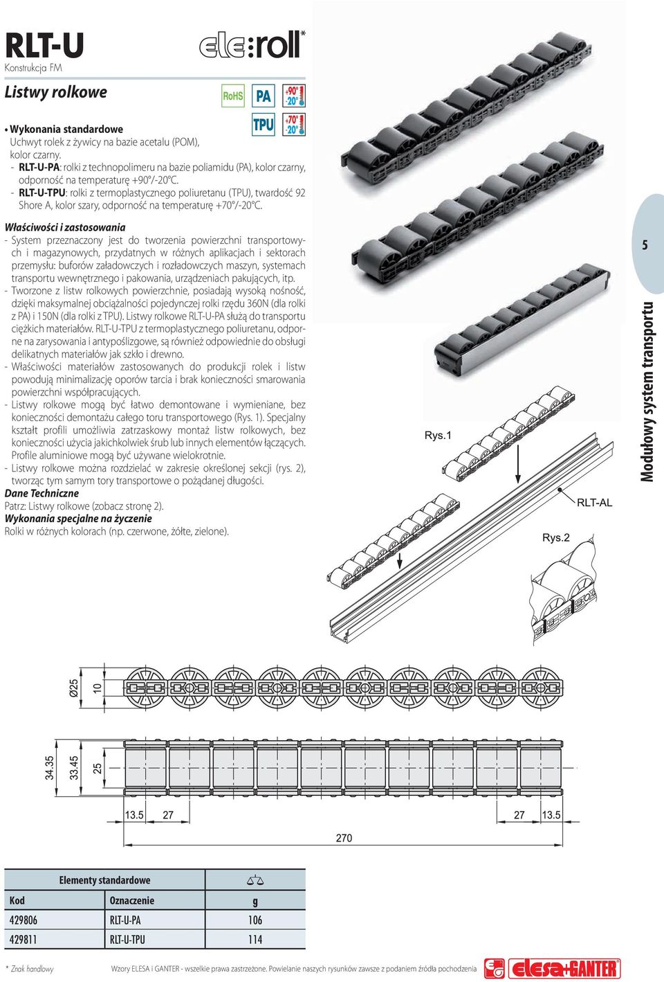 - RLT-U-TPU: rolki z termoplastycznego poliuretanu (TPU), twardość 92 Shore A, kolor szary, odporność na temperaturę +70 /-20 C.