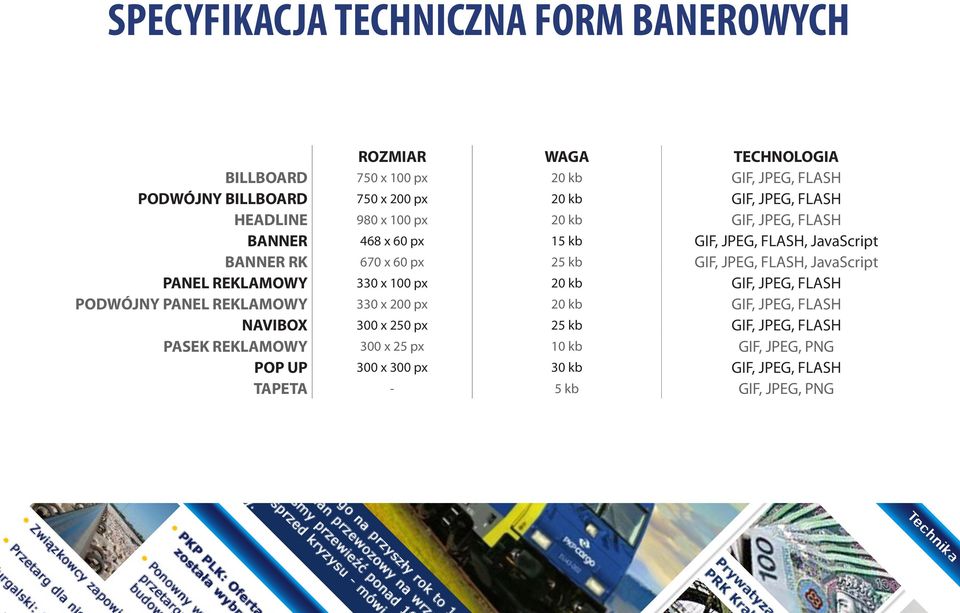 JPEG, FLASH, JavaScript PANEL REKLAMOWY 330 x 100 px 20 kb GIF, JPEG, FLASH PODWÓJNY PANEL REKLAMOWY 330 x 200 px 20 kb GIF, JPEG, FLASH NAVIBOX 300