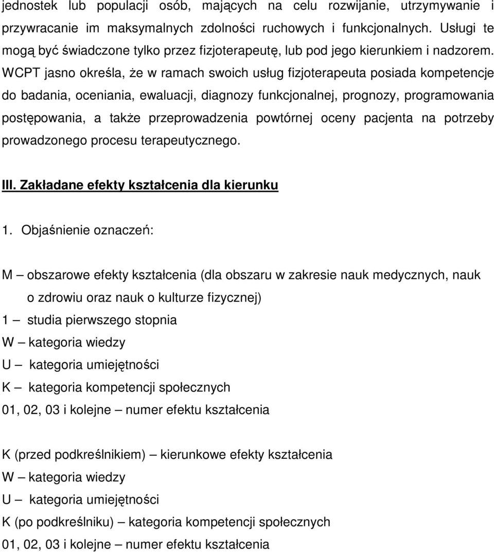WCPT jasno określa, że w ramach swoich usług fizjoterapeuta posiada kompetencje do badania, oceniania, ewaluacji, diagnozy funkcjonalnej, prognozy, programowania postępowania, a także przeprowadzenia