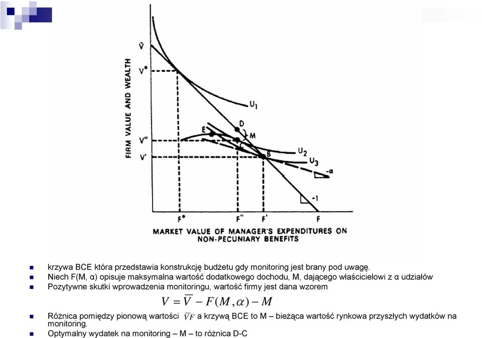 Pozytywne skutki wprowadzenia monitoringu, wartość firmy jest dana wzorem V = V F( M, α) M Różnica pomiędzy