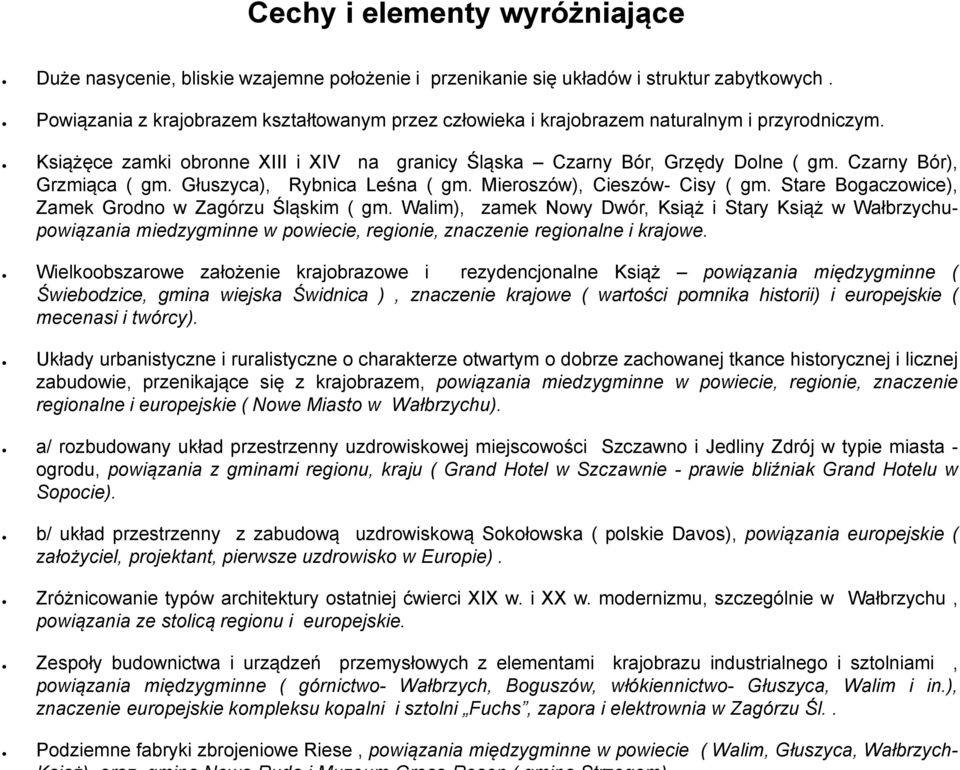 Czarny Bór), Grzmiąca ( gm. Głuszyca), Rybnica Leśna ( gm. Mieroszów), Cieszów- Cisy ( gm. Stare Bogaczowice), Zamek Grodno w Zagórzu Śląskim ( gm.