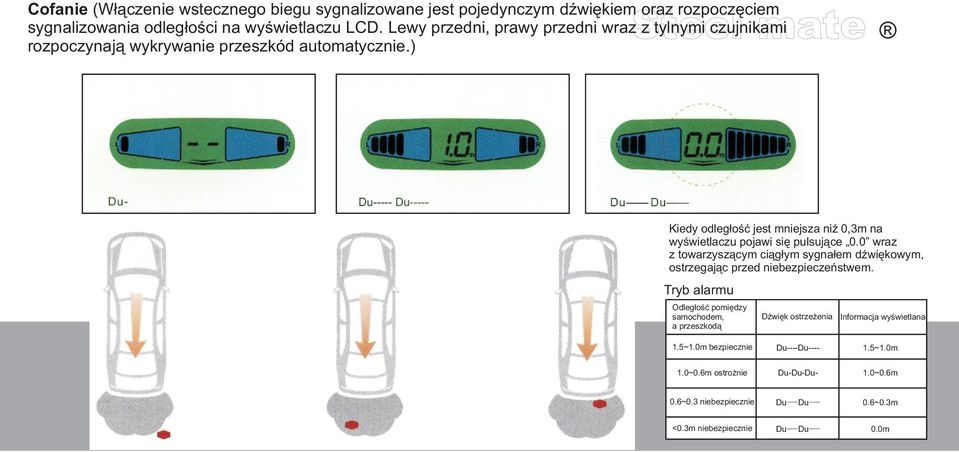 ) Kiedy odleg³oœæ jest mniejsza ni 0,3m na wyœwietlaczu pojawi siê pulsuj¹ce 0.0 wraz z towarzysz¹cym ci¹g³ym sygna³em dÿwiêkowym, ostrzegaj¹c przed niebezpieczeñstwem.