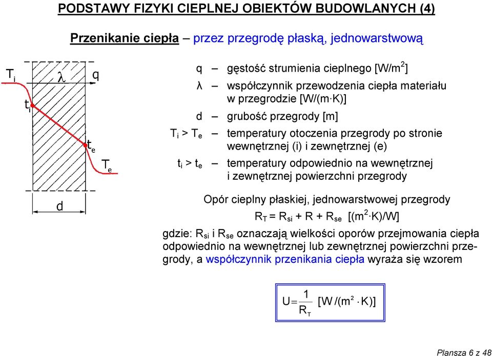 odpowiednio na wewnętrznej i zewnętrznej powierzchni przegrody Opór cieplny płaskiej, jednowarstwowej przegrody R T = R si + R + R se [(m 2 K)/W] gdzie: R si i R se oznaczają