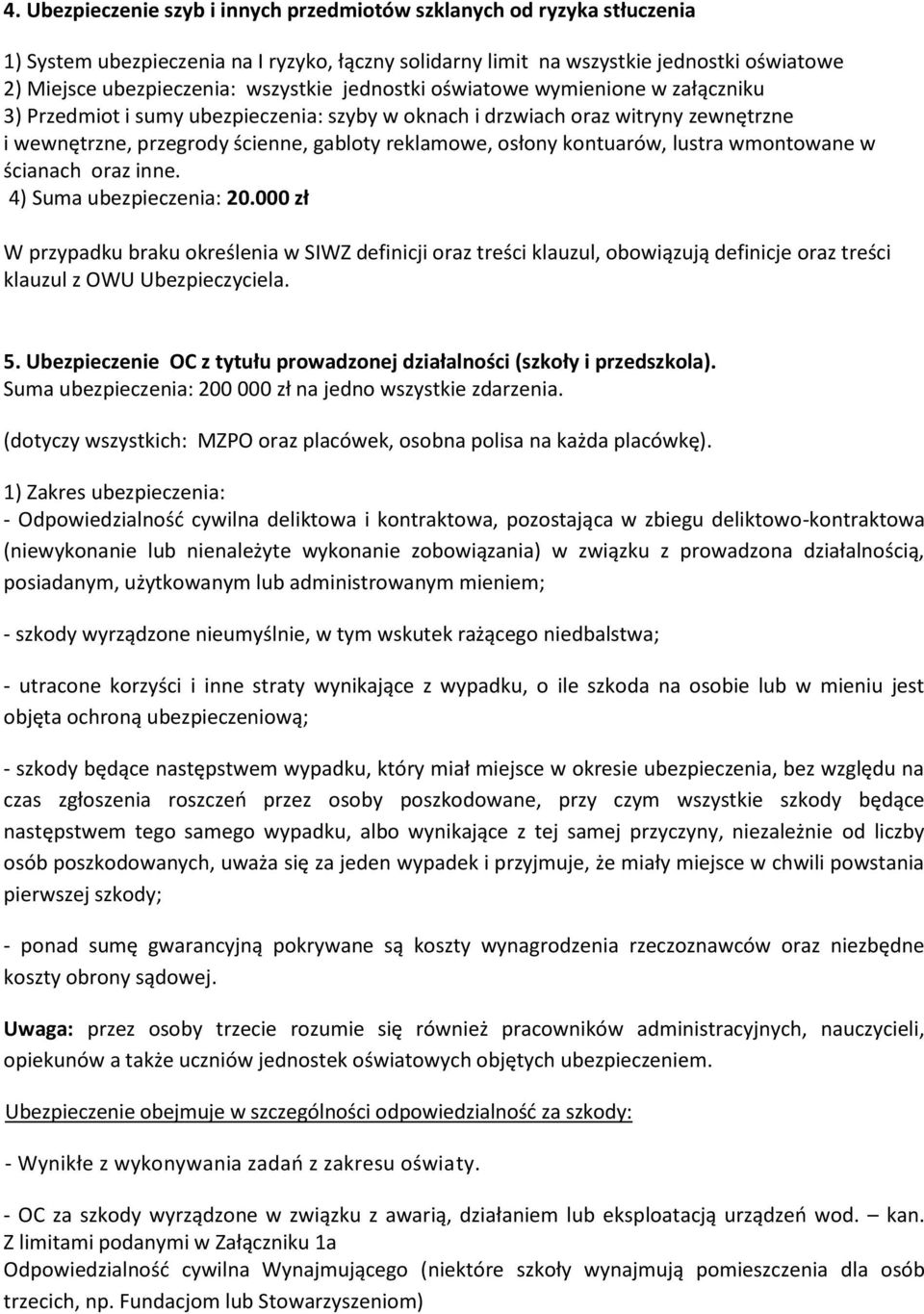 kontuarów, lustra wmontowane w ścianach oraz inne. 4) Suma ubezpieczenia: 20.
