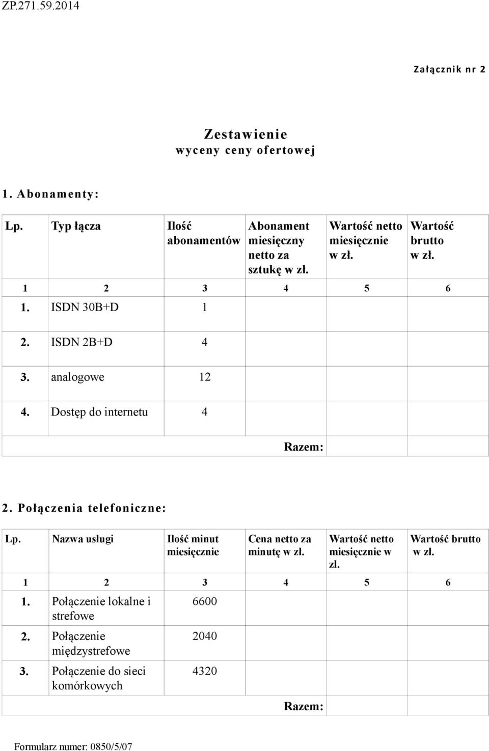 Dostęp do internetu 4 Razem: 2. Połączenia telefoniczne: Lp. Nazwa usługi Ilość minut miesięcznie Cena netto za minutę w zł.