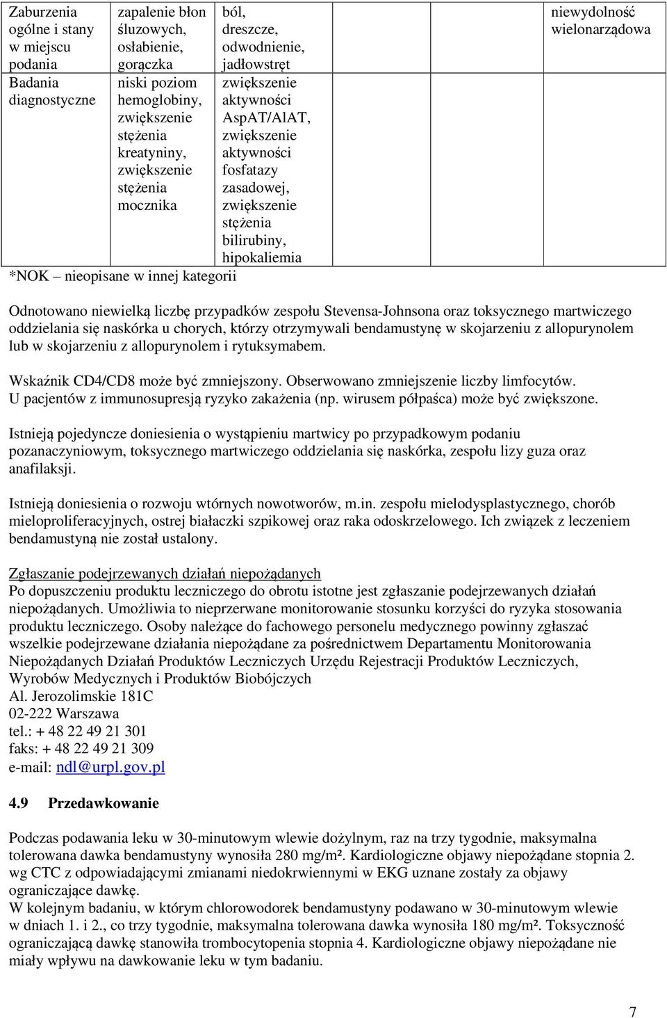 niewydolność wielonarządowa Odnotowano niewielką liczbę przypadków zespołu Stevensa-Johnsona oraz toksycznego martwiczego oddzielania się naskórka u chorych, którzy otrzymywali bendamustynę w