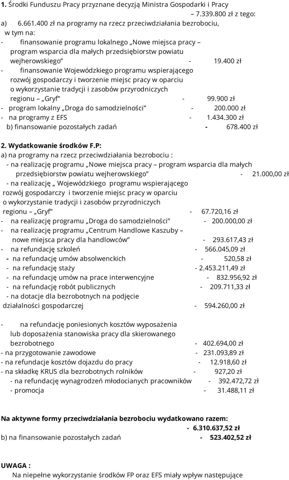 400 zł - finansowanie Wojewódzkiego programu wspierającego rozwój gospodarczy i tworzenie miejsc pracy w oparciu o wykorzystanie tradycji i zasobów przyrodniczych regionu Gryf - 99.