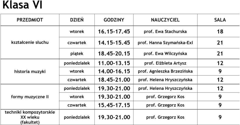 45-21.00 prof. Helena Hryszczyńska 12 poniedziałek 19.30-21.00 prof. Helena Hryszczyńska 12 formy muzyczne II techniki kompozytorskie XX wieku (fakultet) wtorek 19.