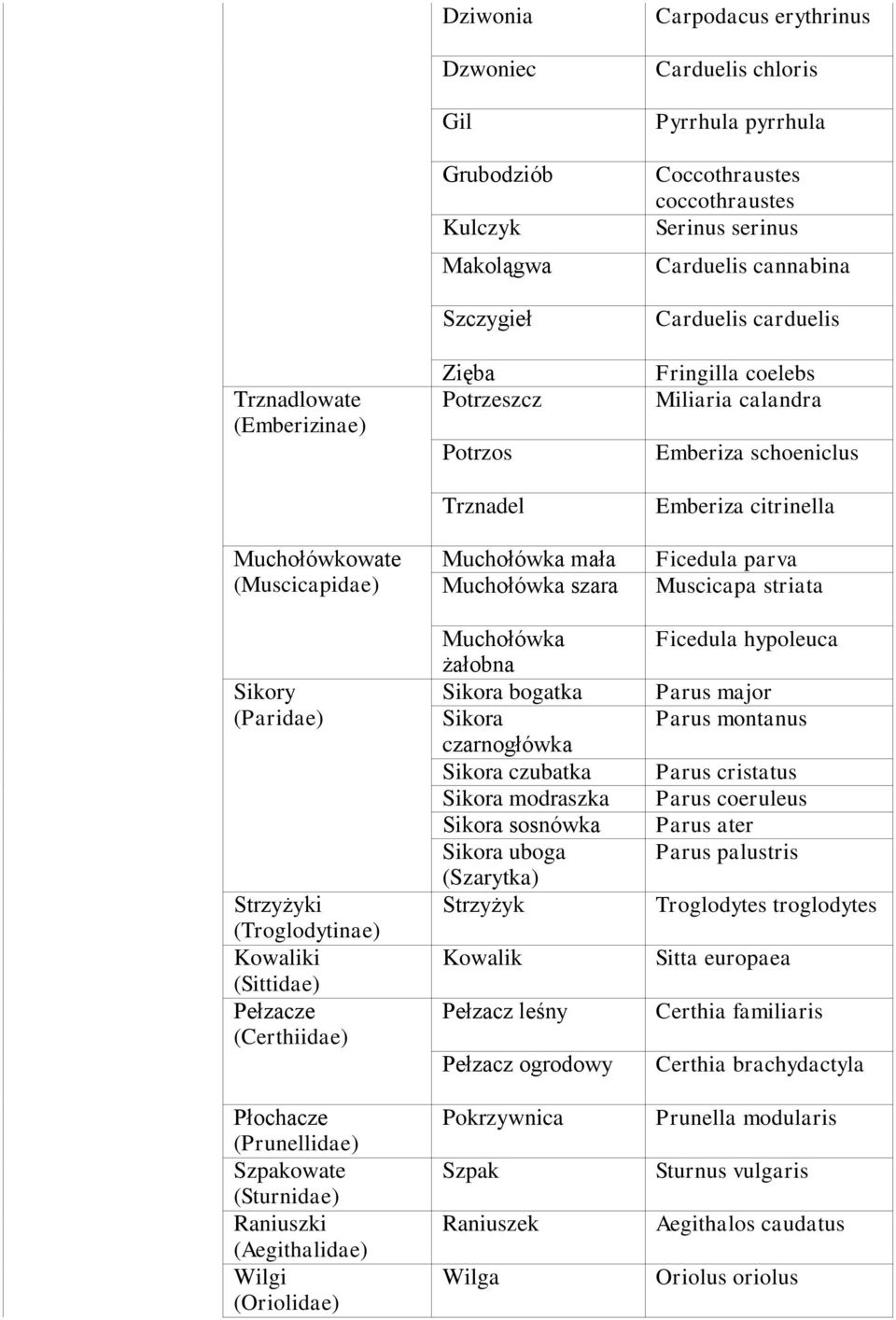 żałobna Sikora bogatka Sikora czarnogłówka Sikora czubatka Sikora modraszka Sikora sosnówka Sikora uboga (Szarytka) Strzyżyk Kowalik Pełzacz leśny Pełzacz ogrodowy Pokrzywnica Szpak Raniuszek Wilga