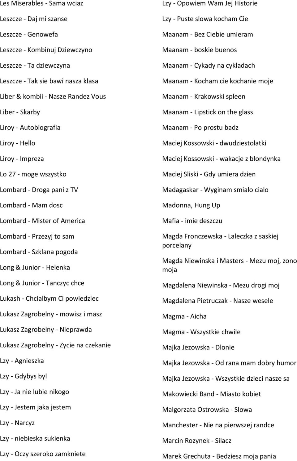 Szklana pogoda Long & Junior - Helenka Long & Junior - Tanczyc chce Lukash - Chcialbym Ci powiedziec Lukasz Zagrobelny - mowisz i masz Lukasz Zagrobelny - Nieprawda Lukasz Zagrobelny - Zycie na