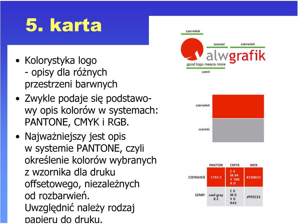 Najważniejszy jest opis w systemie PANTONE, czyli określenie kolorów