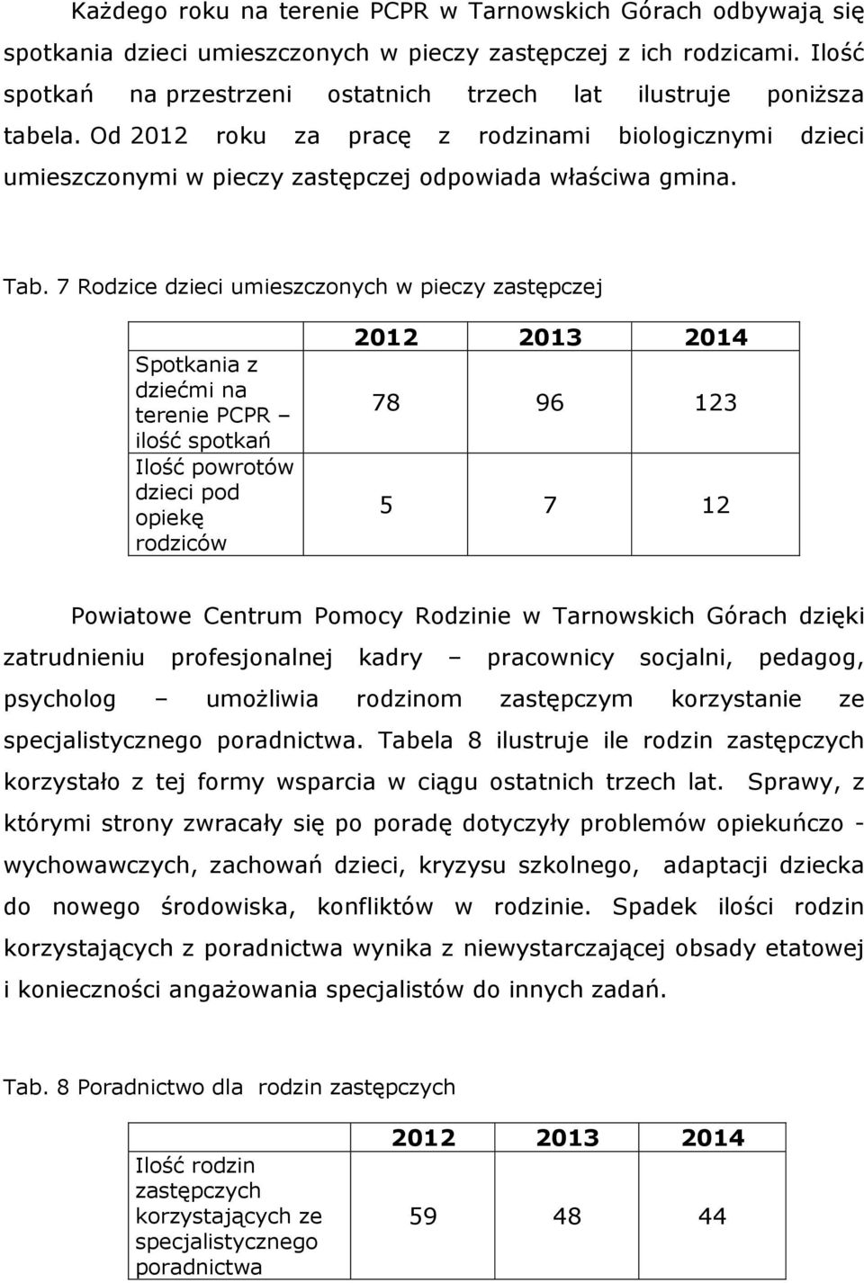 7 Rodzice dzieci umieszczonych w pieczy zastępczej Spotkania z dziećmi na terenie ilość spotkań Ilość powrotów dzieci pod opiekę rodziców 2012 2013 2014 78 96 123 5 7 12 Powiatowe Centrum Pomocy