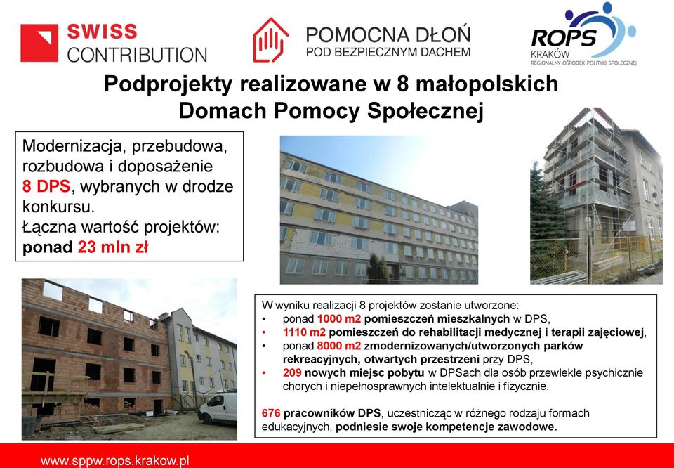 rehabilitacji medycznej i terapii zajęciowej, ponad 8000 m2 zmodernizowanych/utworzonych parków rekreacyjnych, otwartych przestrzeni przy DPS, 209 nowych miejsc pobytu w