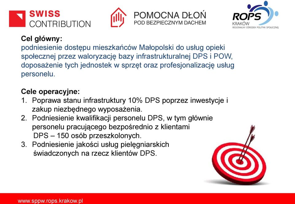 Poprawa stanu infrastruktury 10% DPS poprzez inwestycje i zakup niezbędnego wyposażenia. 2.