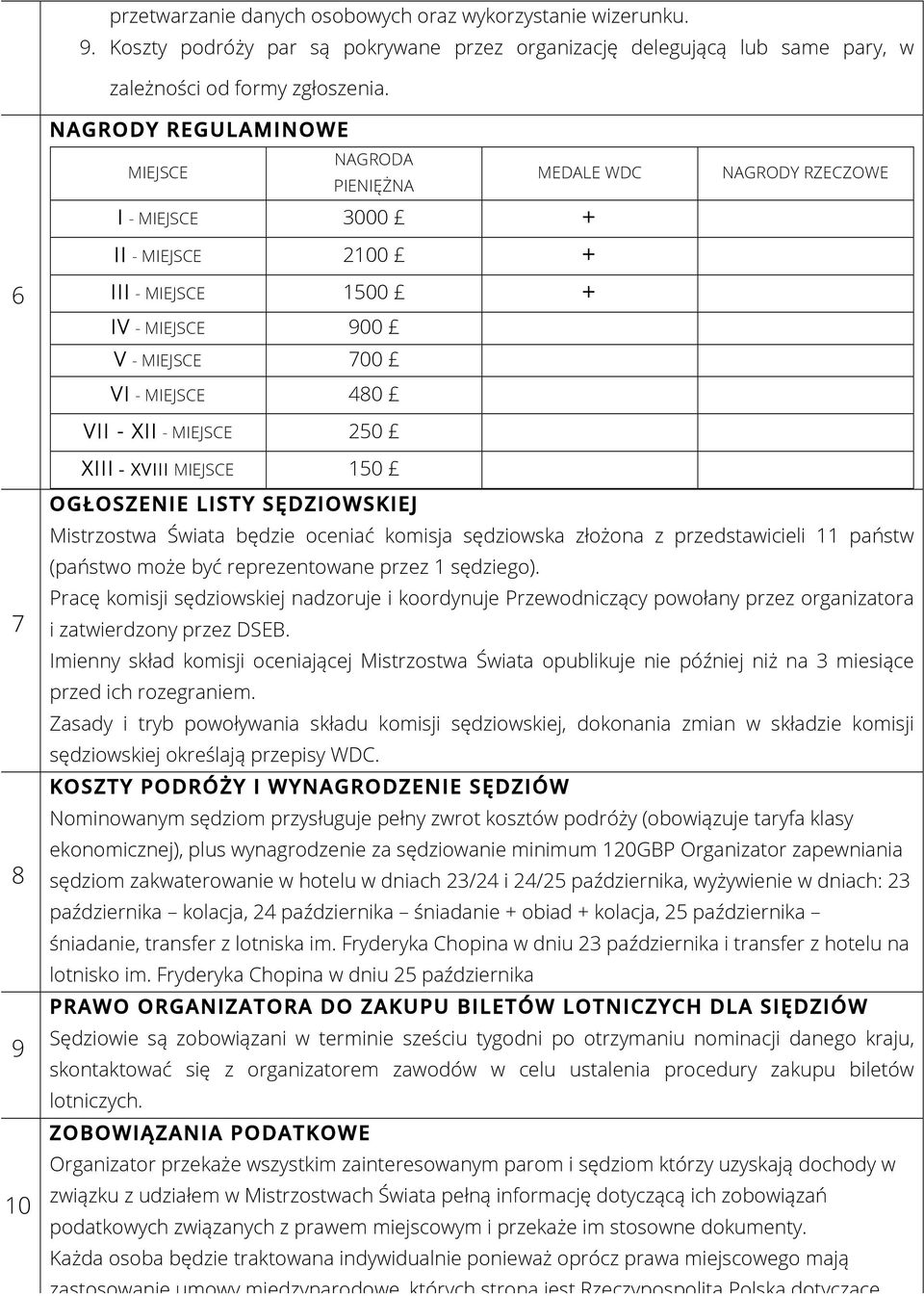 - XVIII MIEJSCE 150 NAGRODY RZECZOWE 7 8 9 10 OGŁOSZENIE LISTY SĘDZIOWSKIEJ Mistrzostwa Świata będzie oceniać komisja sędziowska złożona z przedstawicieli 11 państw (państwo może być reprezentowane