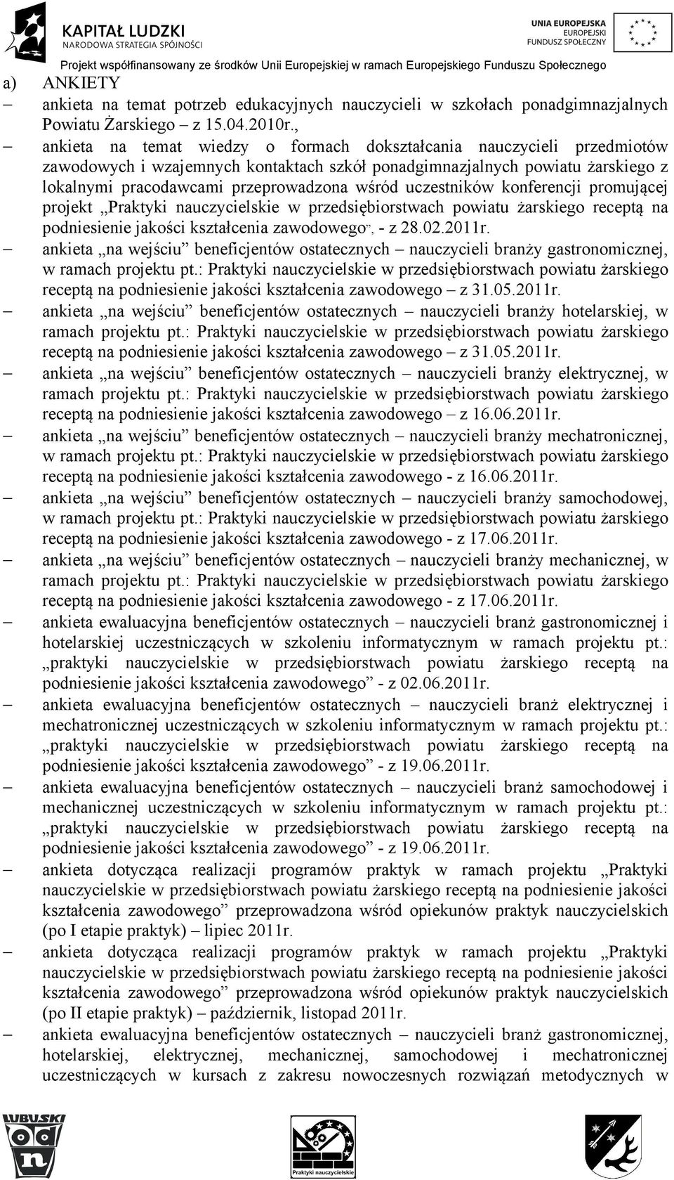 uczestników konferencji promującej projekt Praktyki nauczycielskie w przedsiębiorstwach powiatu żarskiego receptą na podniesienie jakości kształcenia zawodowego, - z 28.02.2011r.