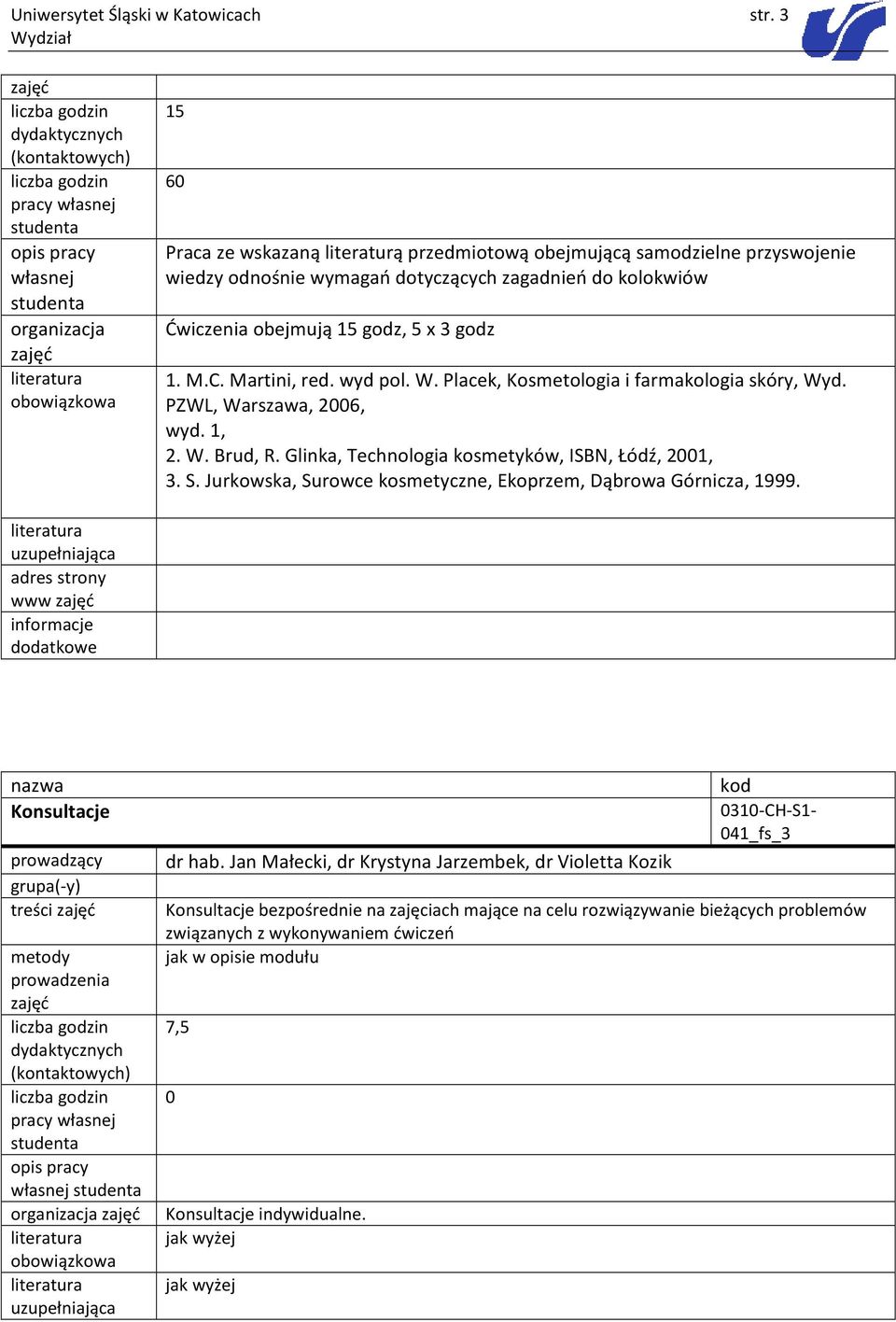 godz, 5 x 3 godz 1. M.C. Martini, red. wyd pol. W. Placek, Kosmetologia i farmakologia skóry, Wyd. PZWL, Warszawa, 2006, wyd. 1, 2. W. Brud, R.