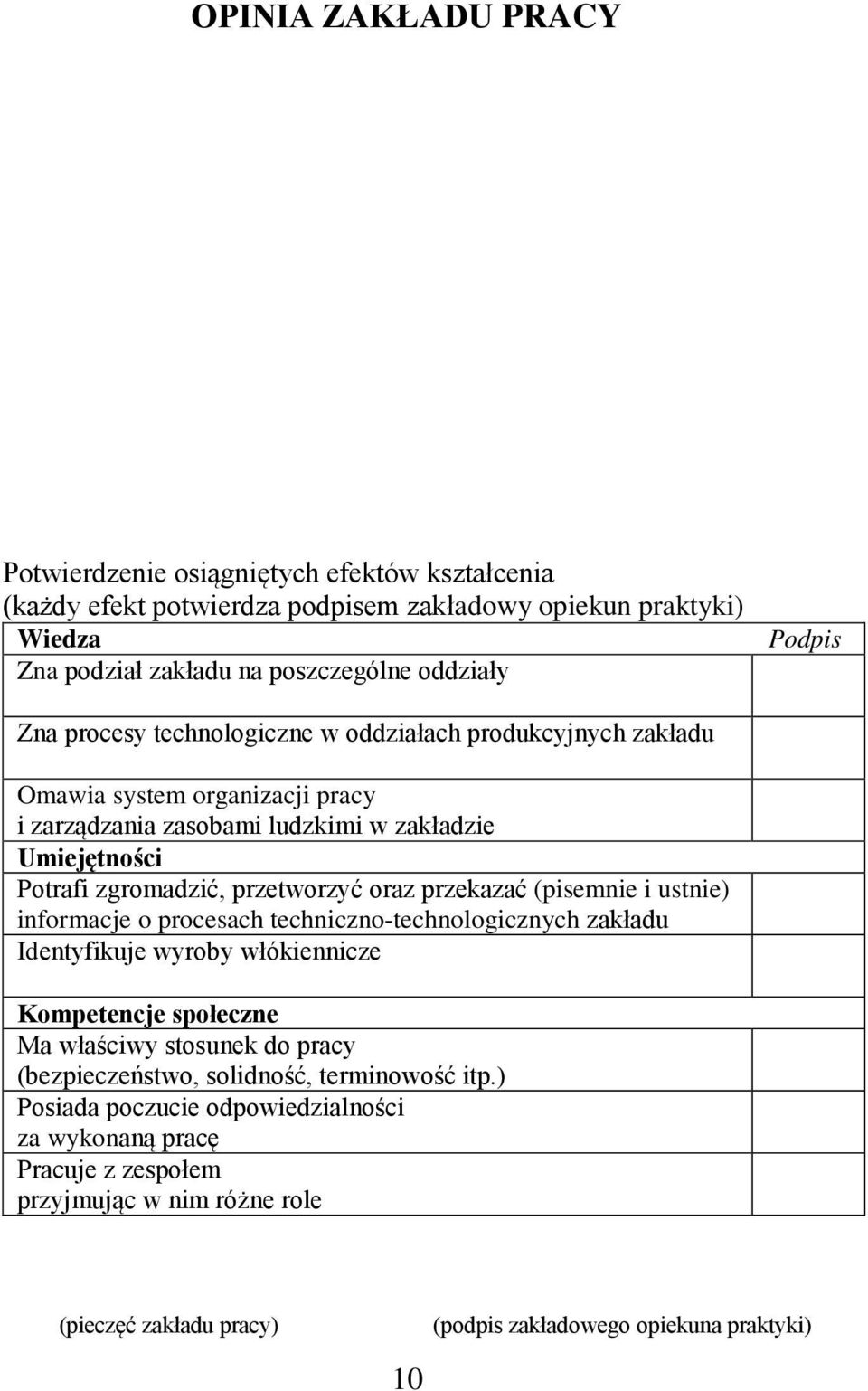 przekazać (pisemnie i ustnie) informacje o procesach techniczno-technologicznych zakładu Identyfikuje wyroby włókiennicze Kompetencje społeczne Ma właściwy stosunek do pracy (bezpieczeństwo,