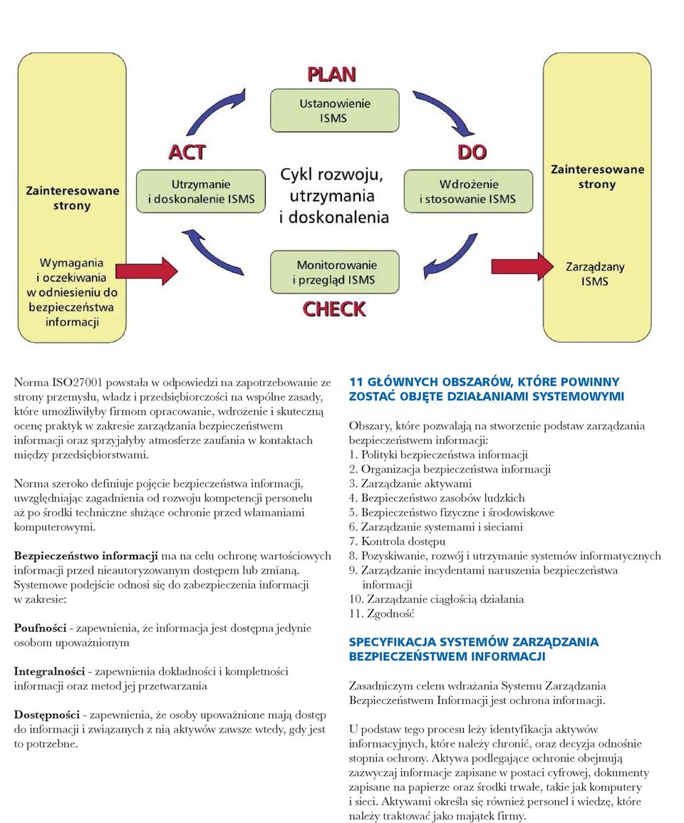 Norma szeroko definiuje pojęcie bezpieczeństwa informacji, uwzględniając zagadnienia od rozwoju kompetencji personelu aż po środki techniczne służące ochronie przed włamaniami komputerowymi.