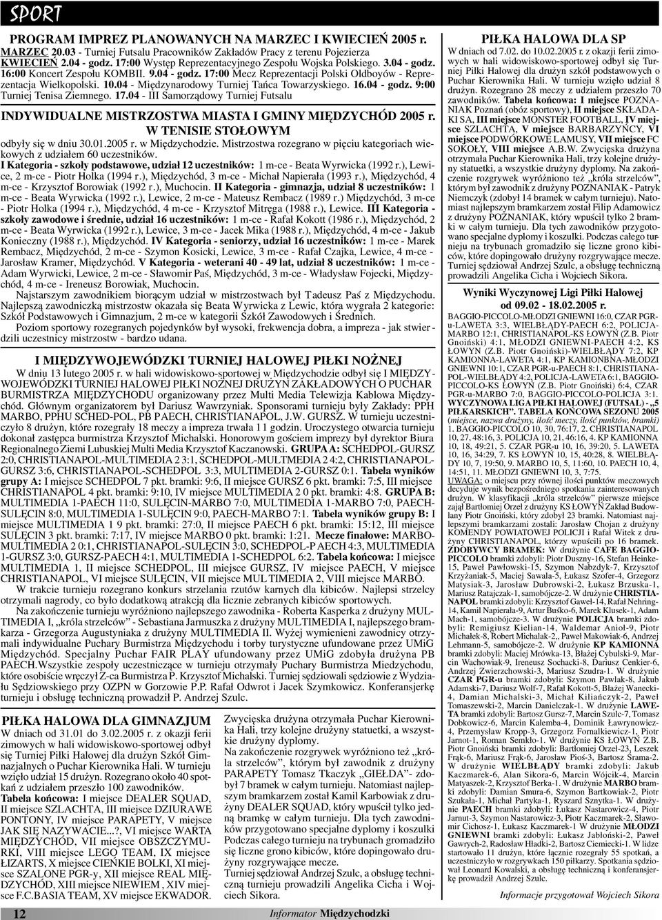 04 - Miêdzynarodowy Turniej Tañca Towarzyskiego. 16.04 - godz. 9:00 Turniej Tenisa Ziemnego. 17.04 - III Samorz¹dowy Turniej Futsalu INDYWIDUALNE MISTRZOSTWA MIASTA I GMINY MIÊDZYCHÓD 2005 r.