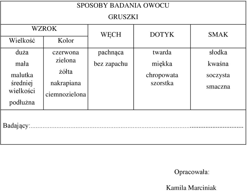 GRUSZKI WĘCH DOTYK SMAK pachnąca bez zapachu twarda miękka chropowata