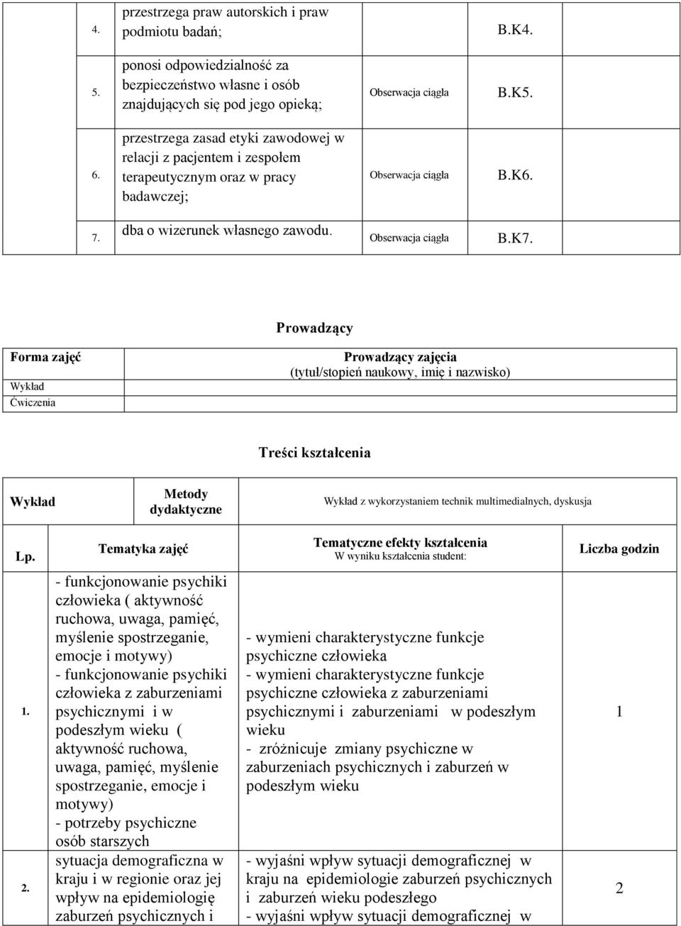 Prowadzący Forma zajęć Wykład Ćwiczenia Prowadzący zajęcia (tytuł/stopień naukowy, imię i nazwisko) Treści kształcenia Wykład Metody dydaktyczne Wykład z wykorzystaniem technik multimedialnych,