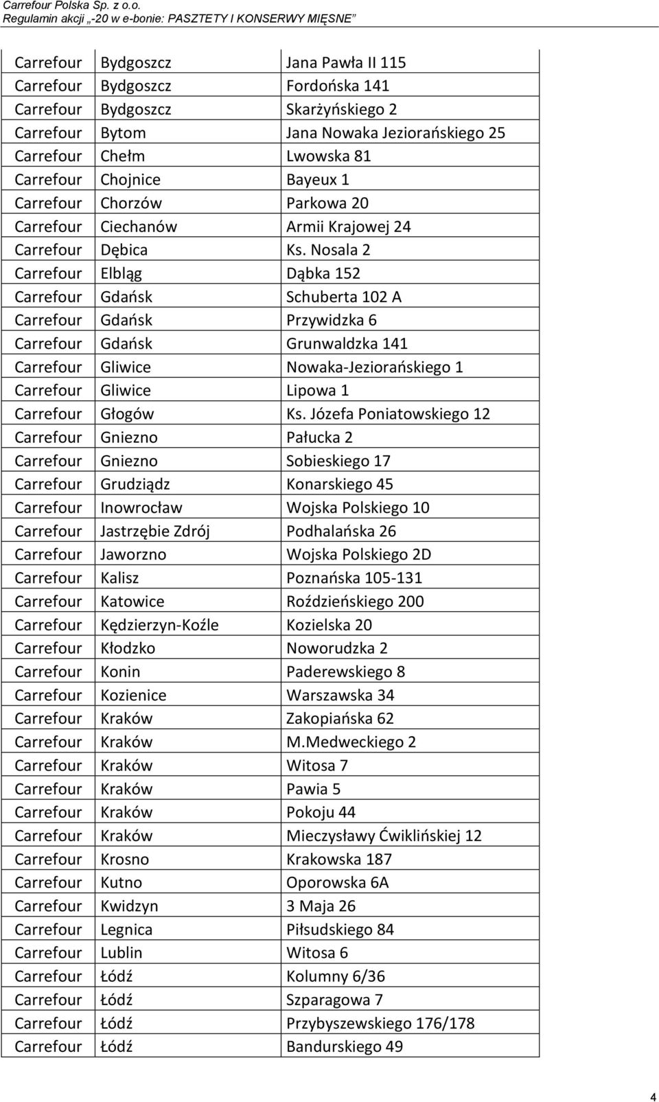 Nosala 2 Carrefour Elbląg Dąbka 152 Carrefour Gdańsk Schuberta 102 A Carrefour Gdańsk Przywidzka 6 Carrefour Gdańsk Grunwaldzka 141 Carrefour Gliwice Nowaka-Jeziorańskiego 1 Carrefour Gliwice Lipowa